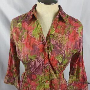 Lemon Grass Studio Women's Long Sleeve Blouse Red/Green Tropical Size Medium
